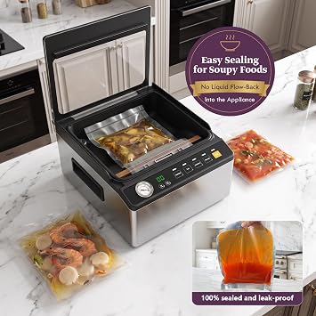 Mesliese Chamber Vacuum Sealer, 6L Food Sealer with 11.3 Dual Sealing Bar, Built-in Cutter, External Vacuum & Quick Marinate, Includes Vacuum Roll & Universal Lids for Dry Wet Soupy Foods & Sous Vide