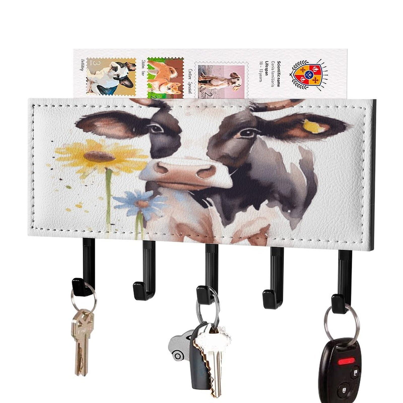 FekiLoot Watercolor Cow and Daisy Flower Key Holder for Wall Decorative Mail Organizer with 5 Key Hook Self Adhesive Key Rack with Tray Coat Rack Wall Mount Key Hanger Decor for Entryway Door