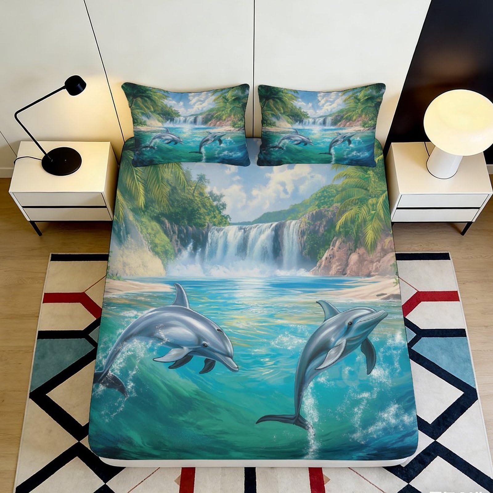 3D Printed Dolphin Waterfall Fitted Sheet Microfiber Deep Pocket Elastic Hem Bedroom Bedding Dolphin Mattress Fitted Cover Washable 90x200x25cm