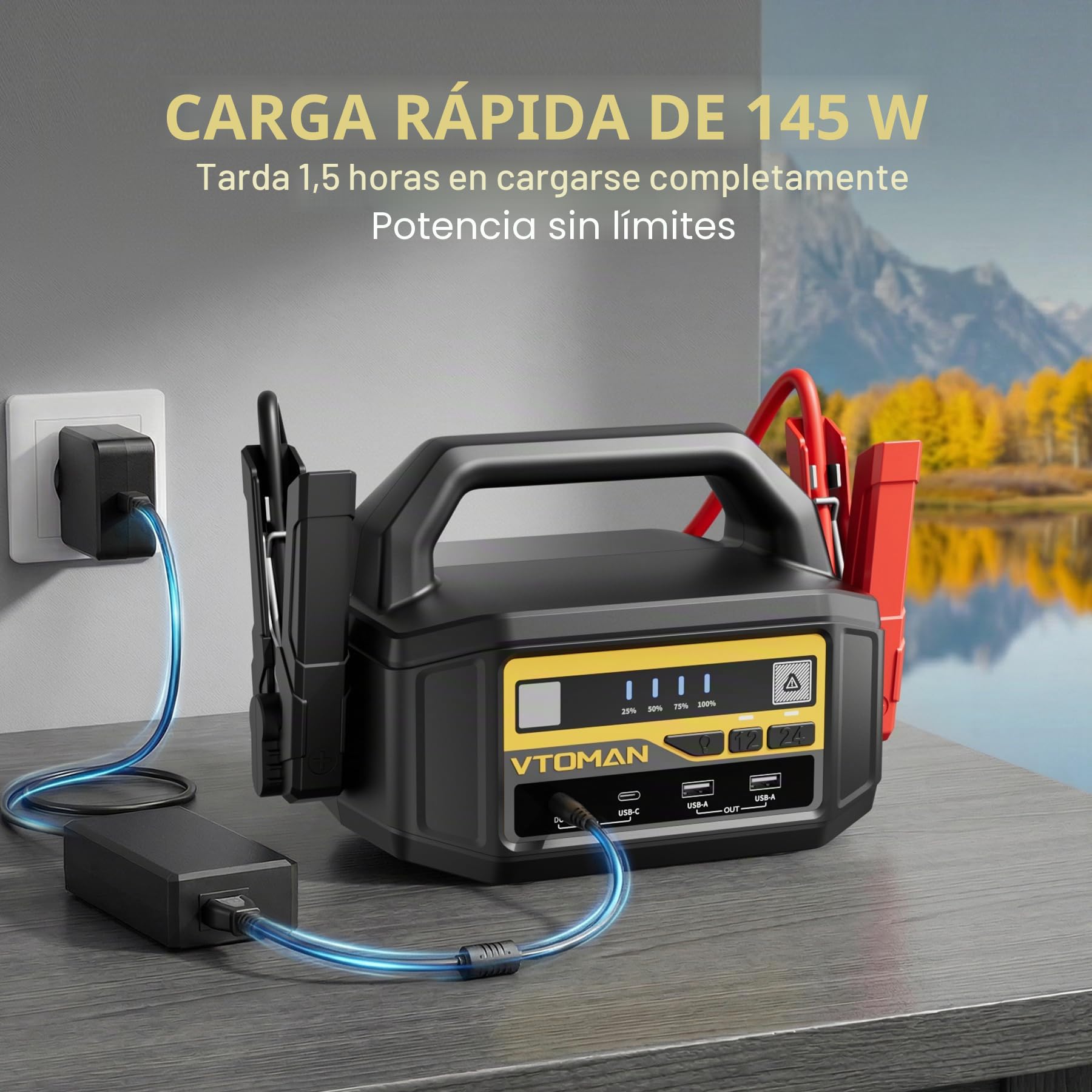 VTOMAN V-Truck - Kit de Arranque Portátil de 6000 A 12 V/24 V, 36400 mAh, Potente Paquete de Arranque para Camiones, Furgonetas y Caravanas con Linterna LED & Carga Rápida de 145 W
