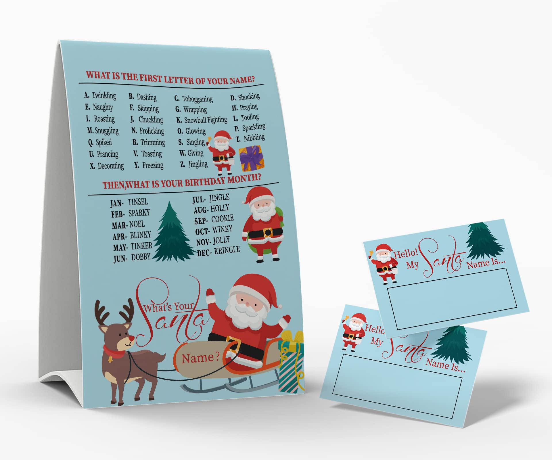 What's Your Santa Name Game, 1 Santa Theme Sign and 50 Name Tag Stickers, Christmas Party Games, Birthday Game for Kids and Adult Parties, Activity Game for Office or Class | JRKP059L