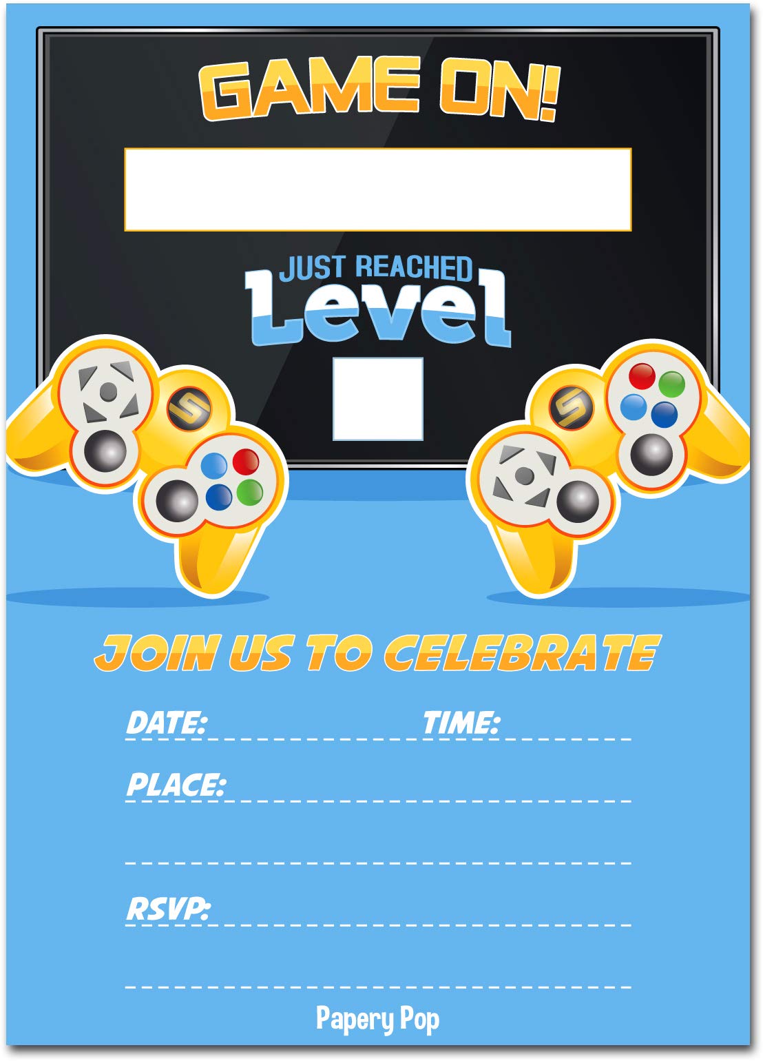 30 Video Game Party Invitations with Envelopes (30 Pack) - Kids Birthday Invitations for Boys or Girls - Video Game Party Decorations Supplies