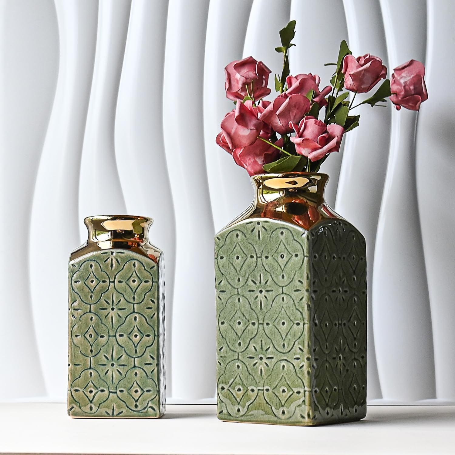 Modern Ceramic Vase Set of 2 for Living Room Bedroom 9.3'' and 7.9'' Flower Vases for Home Decor Office Centerpieces Vintage Antique Green Gold Farmhouse Rustic Minimalist Gift for Fake Plant