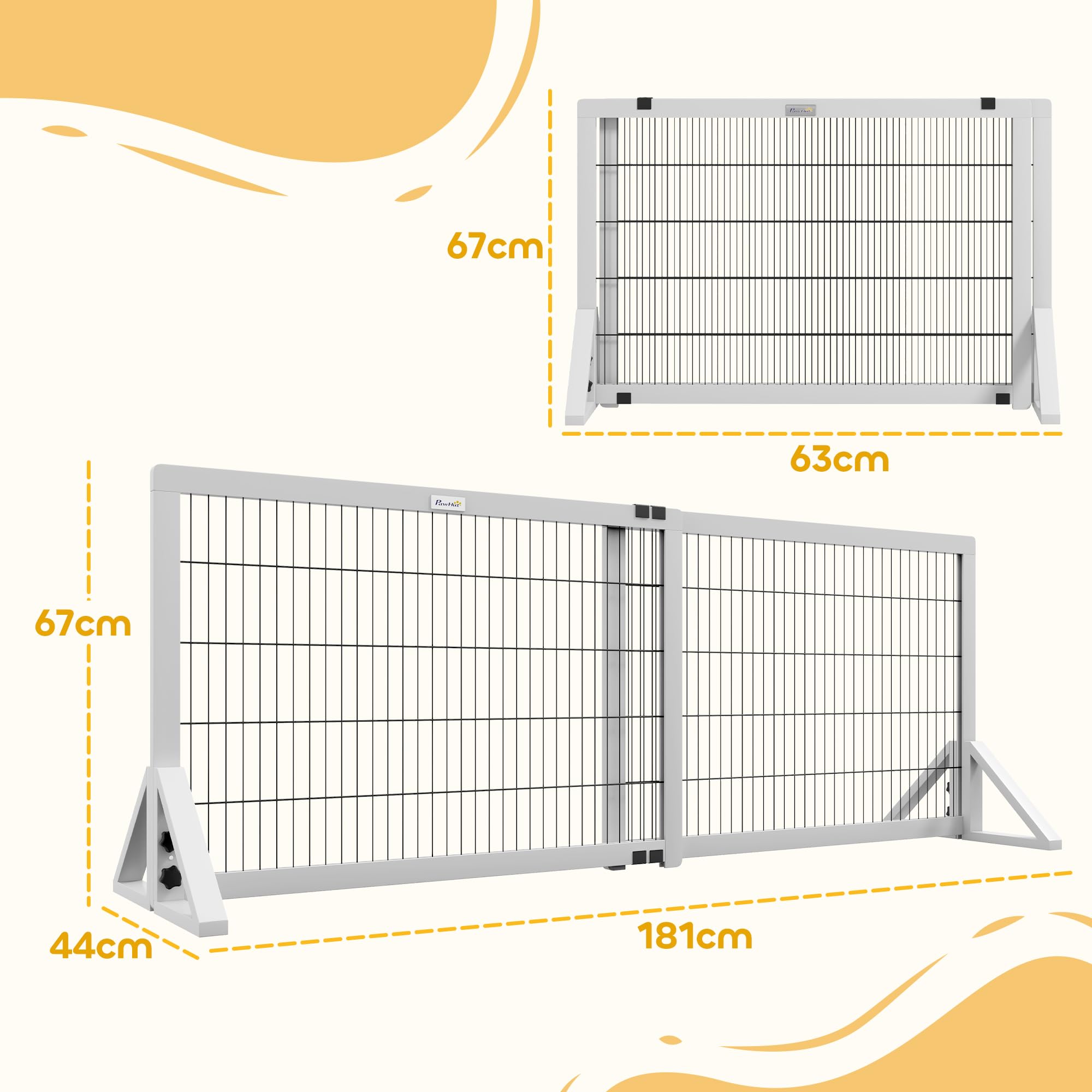 PawHut - Barrera de Seguridad para Perros (2 Paneles, Ancho Ajustable, 101-181 x 44 x 67 cm, Barrera para escaleras, Puertas, pasillos, Madera de Pino y Acero, Color Blanco | Barrera de protección, anchura ajustable, para escalera puerta pasillos, madera