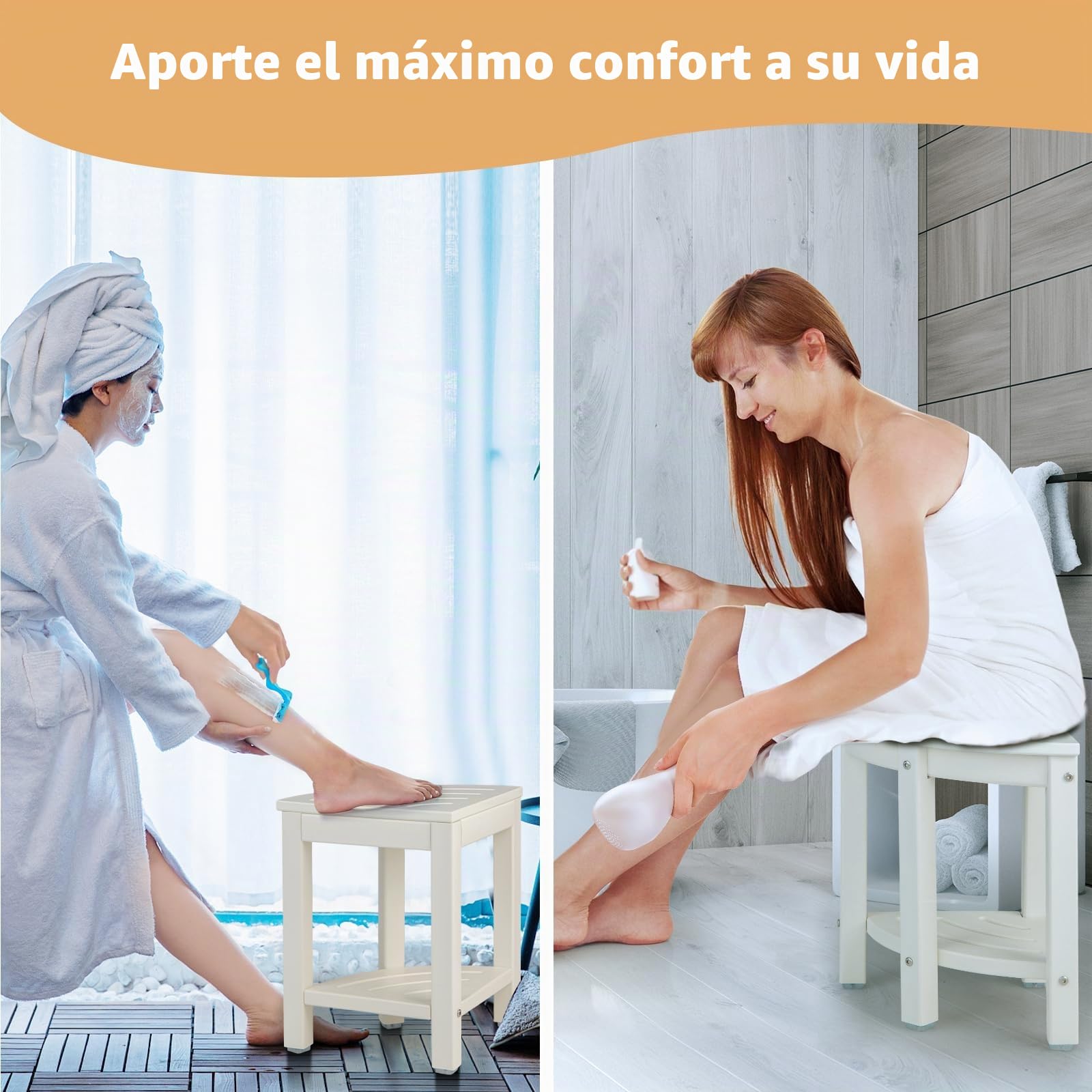 GOPLUS Taburete de baño esquinero con estante, banco de ducha en forma de abanico, taburete para baño, balcón, soporta hasta 150 kg (blanco)