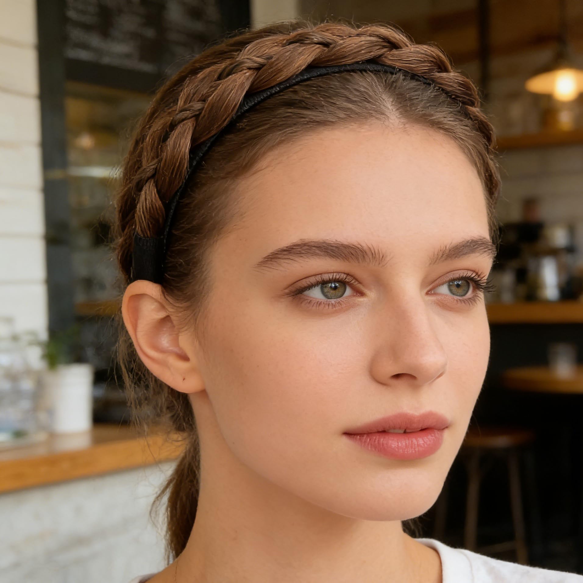 Serre-tête Tressé Large pour Femmes et Filles, Bandeau Cheveux Tressage Bohême avec Dents Antiglisse, Accessoire de Coiffure Synthétique, Châtain Clair