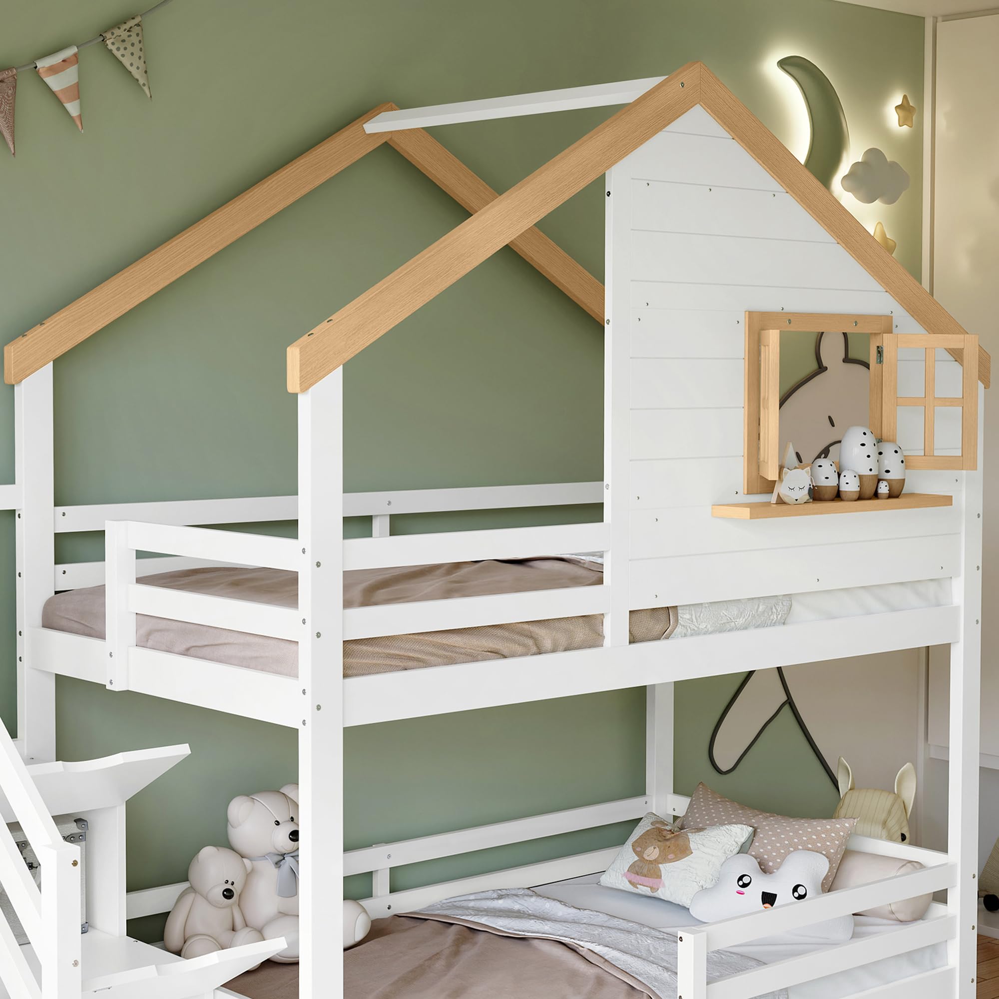 Litera Infantil para Niños 90x200 cm, Cama Alta con 2 Cajone, Litera Doble Matrimonio con Escalera Espacios de Almacenamiento, Cama Infantilen Forma de Casa con Ventana que se abre, Sin colchón