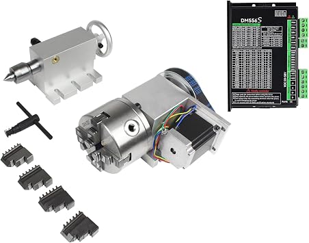 CNCTOPBAOS CNC 4th Axis Dividing Head,K12-100mm 4 Jaw Chuck,CNC Router Milling Machine Rotational Axis A-Axis Reducer Ratio 61,65mm MT2 Tailstock with Nema23 Stepper Motor and DM556S Driver 20-50V DC