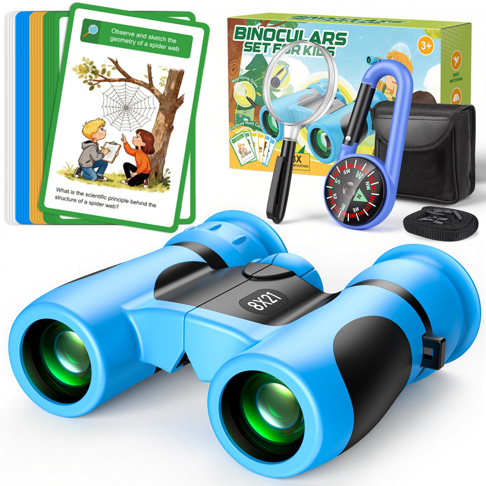 Binoculars for Kids – Outdoor Explorer Kit with 25 Fun Cards, Compass & Magnifying Glass Gift for 3-12 Year Old Boys Toys Age 3-12 Garden Games for Football Matches, Hiking