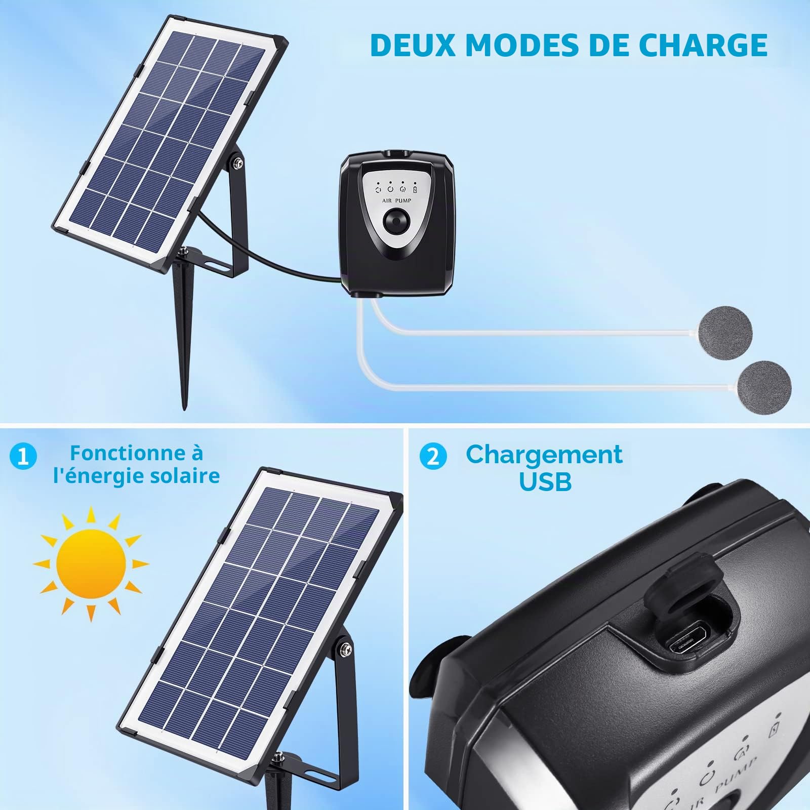 Aérateur de bassin solaire, pompe à air de bassin solaire 3W avec 2 pierres à bulles d'air, 0,9L/MIN, protection contre la surcharge, oxygénateur pour aquarium de jardin, aquarium de poisson