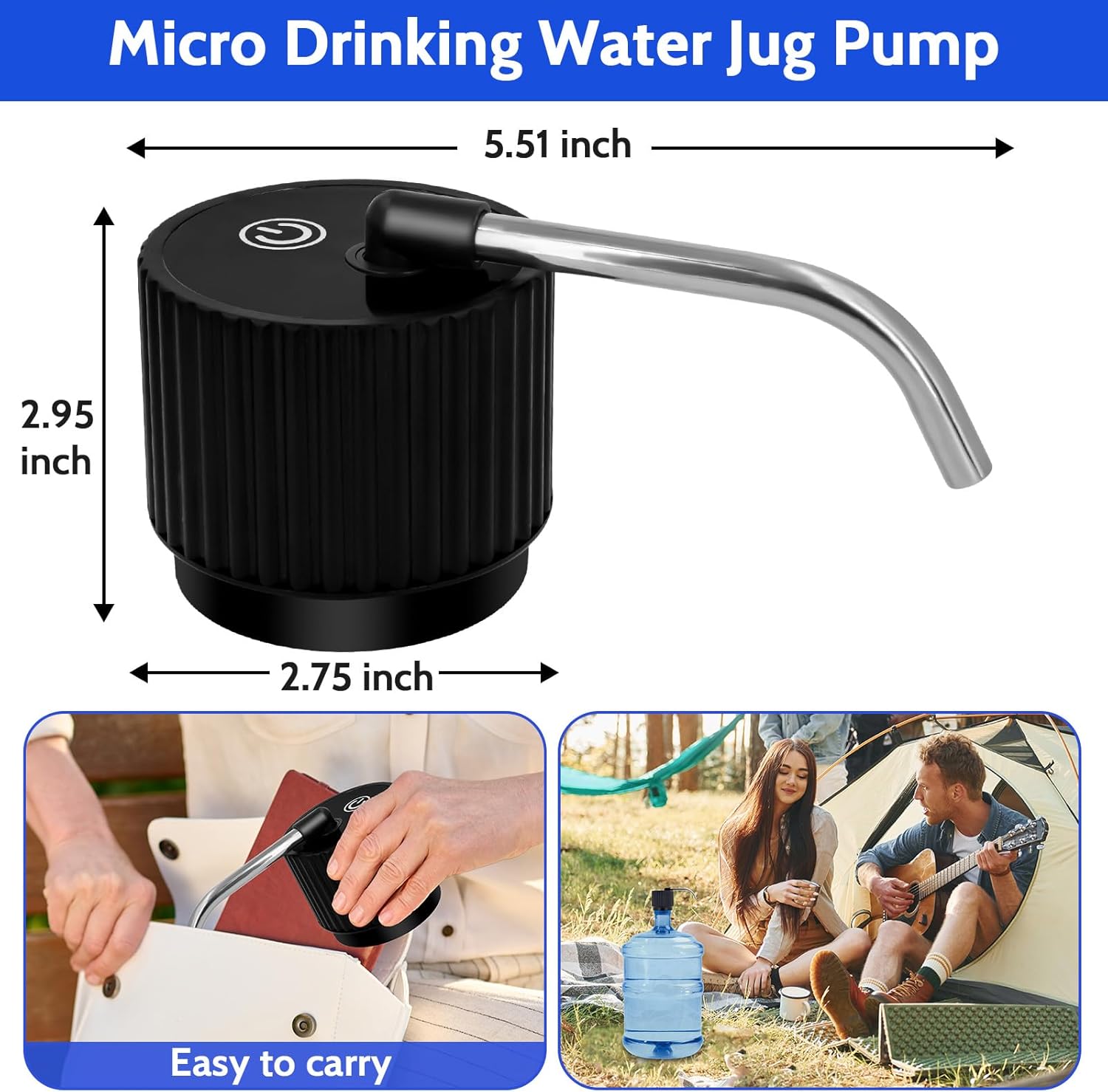 Camping Water Dispenser for 5 Gallon Bottle,Portable USB Charging Electric Water Bottle Pump,Universal Micro Drinking Water Jug Pump,3-5 Gallon Automatic Water Dispenser with Silicone Cap - Image 2
