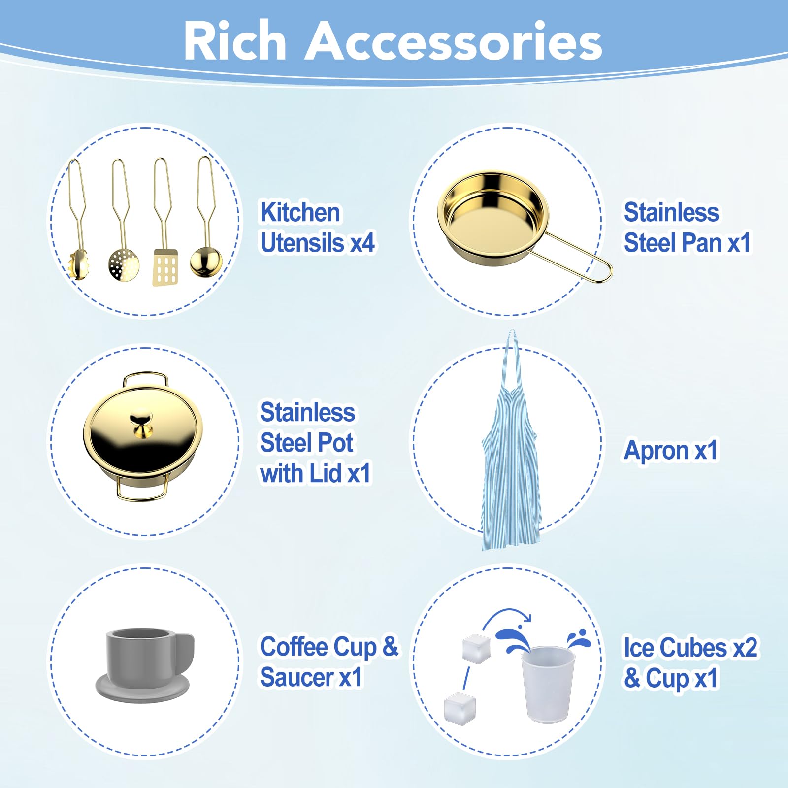 BRINJOY Cuisine en Bois avec Four, cuisinière, Lave-Linge, aperçue, Machine à glacer, ustensiles de Cuisson, Jeu de Cuisine de Jouets pour Petite Fille garçons âges 3+ (Bleu)