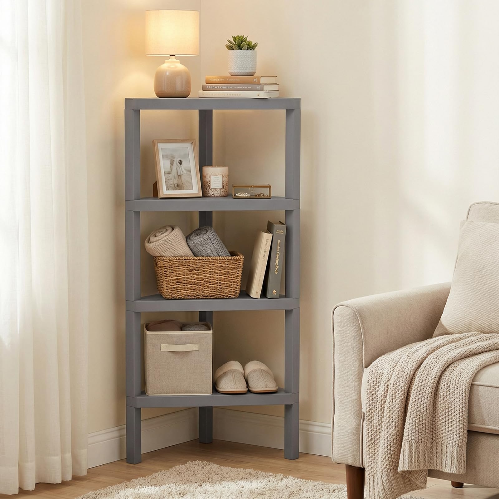 KOMFOTTEU - Estantes esquineros de 4 niveles, carga de 32 kg, mueble esquinero, plástico con estantes de láminas, ideal para baño, cocina, sala de estar, dormitorio, oficina, 46 x 33 x 99 cm (gris)