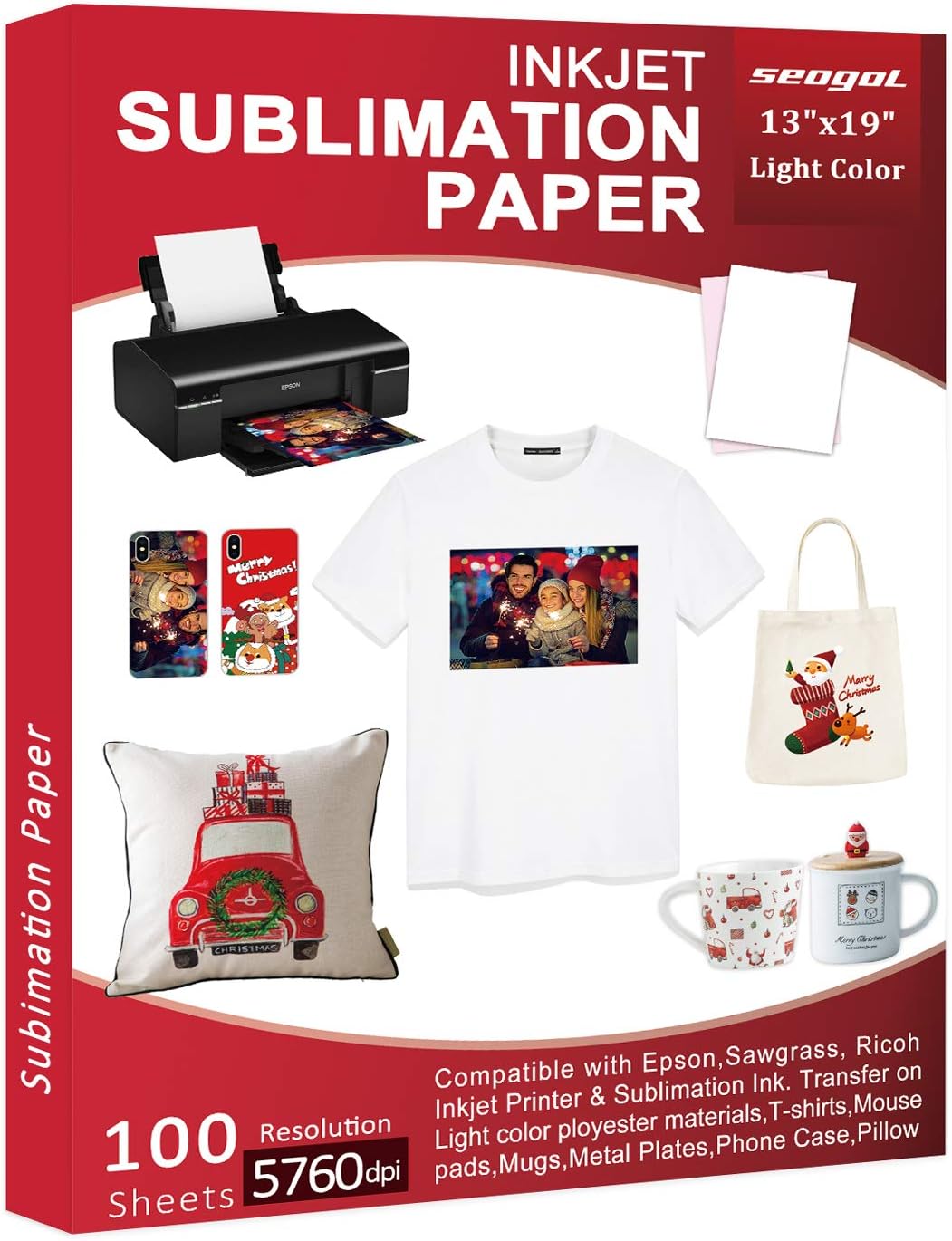 Sublimation Paper 13 x 19 Inches 100 Sheets 125gsm, for Inkjet Printer with Sublimation Ink Epson, Sawgrass, Ricoch, Heat Transfer Sublimation for Mugs T-shirts Light Fabric