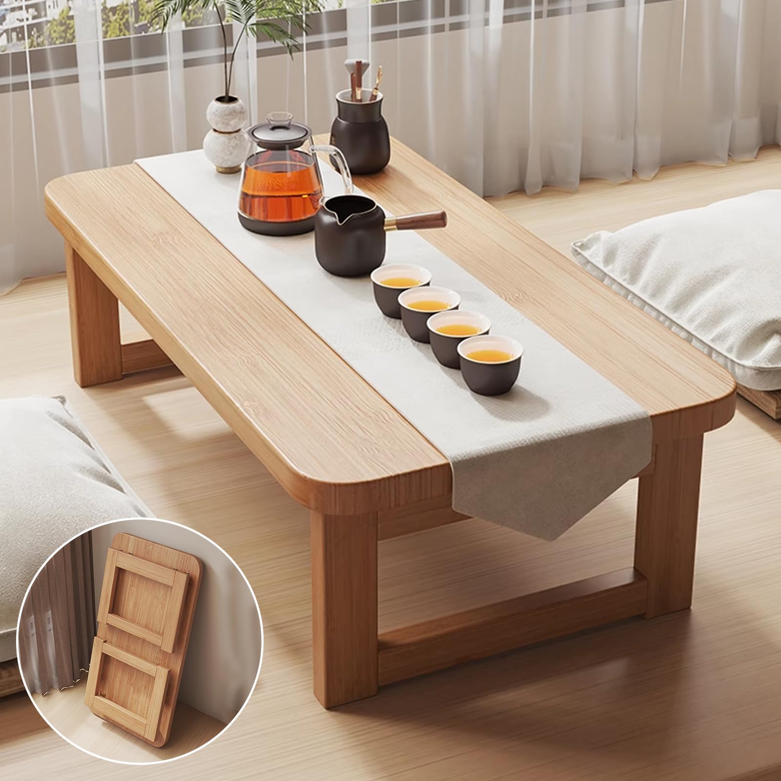 SUZEPER Low Folding Japanese Floor Table, Bamboo Coffee Table for Sitting On The Floor Portable Vintage Tea Desk for Tatami Bedroom Bay Window Tea