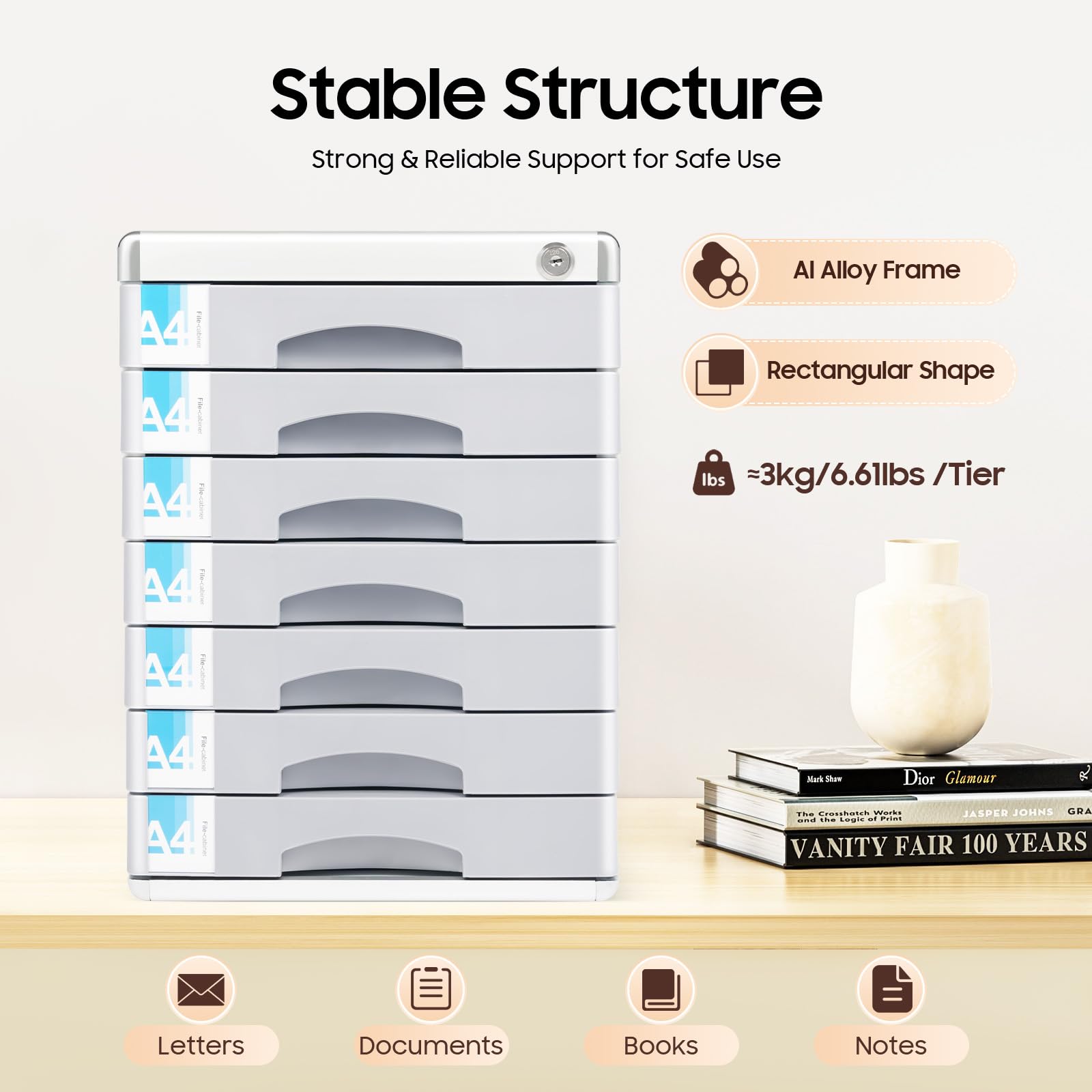 BOPRCSH 7 Tiers Free Standing Document Storage Box with Keys, Desktop Drawer Organizer Aluminum Alloy Document Storage Drawer Office File Organizer, for Homes, Offices, Hospitals