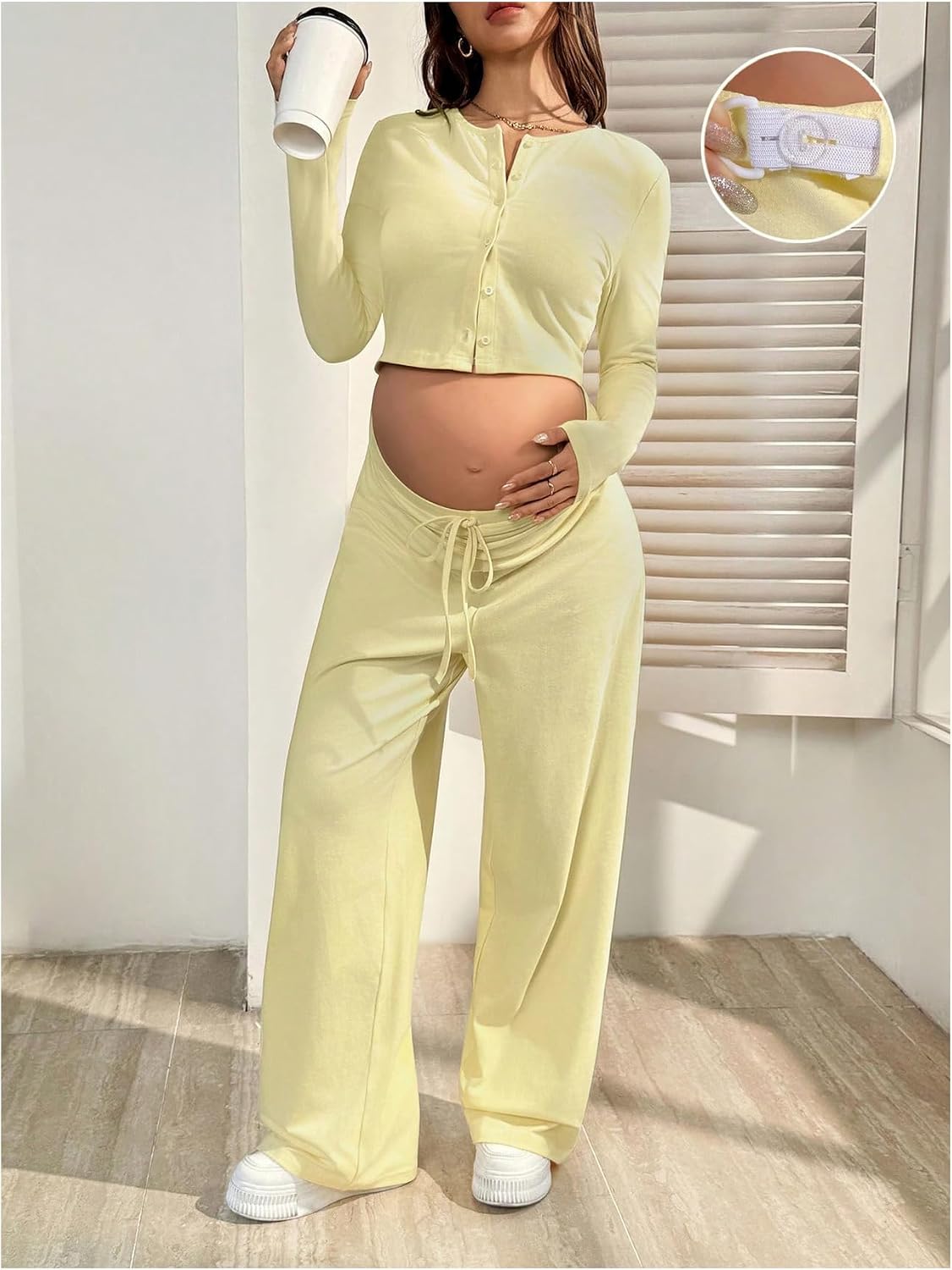 MakeMeChic Women's Maternity Two Piece Summer Sets Button Down Shirt Drawstring Pants Pregnancy Outfits