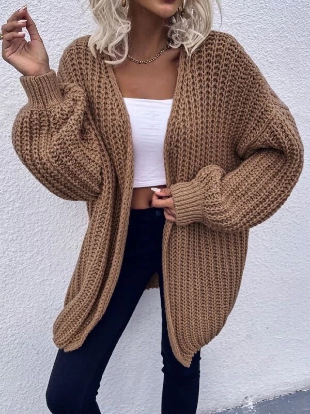 Cardigan Damen,Damen-Strickjacke, Braun, Einfarbig, Grob, Gehäkelt, Mittellang, Gestrickter Mantel, Weicher Frühling Und Herbst, Warme Strickjacke, Langarm, Offener Pullover, Lässige Outing-Outwear