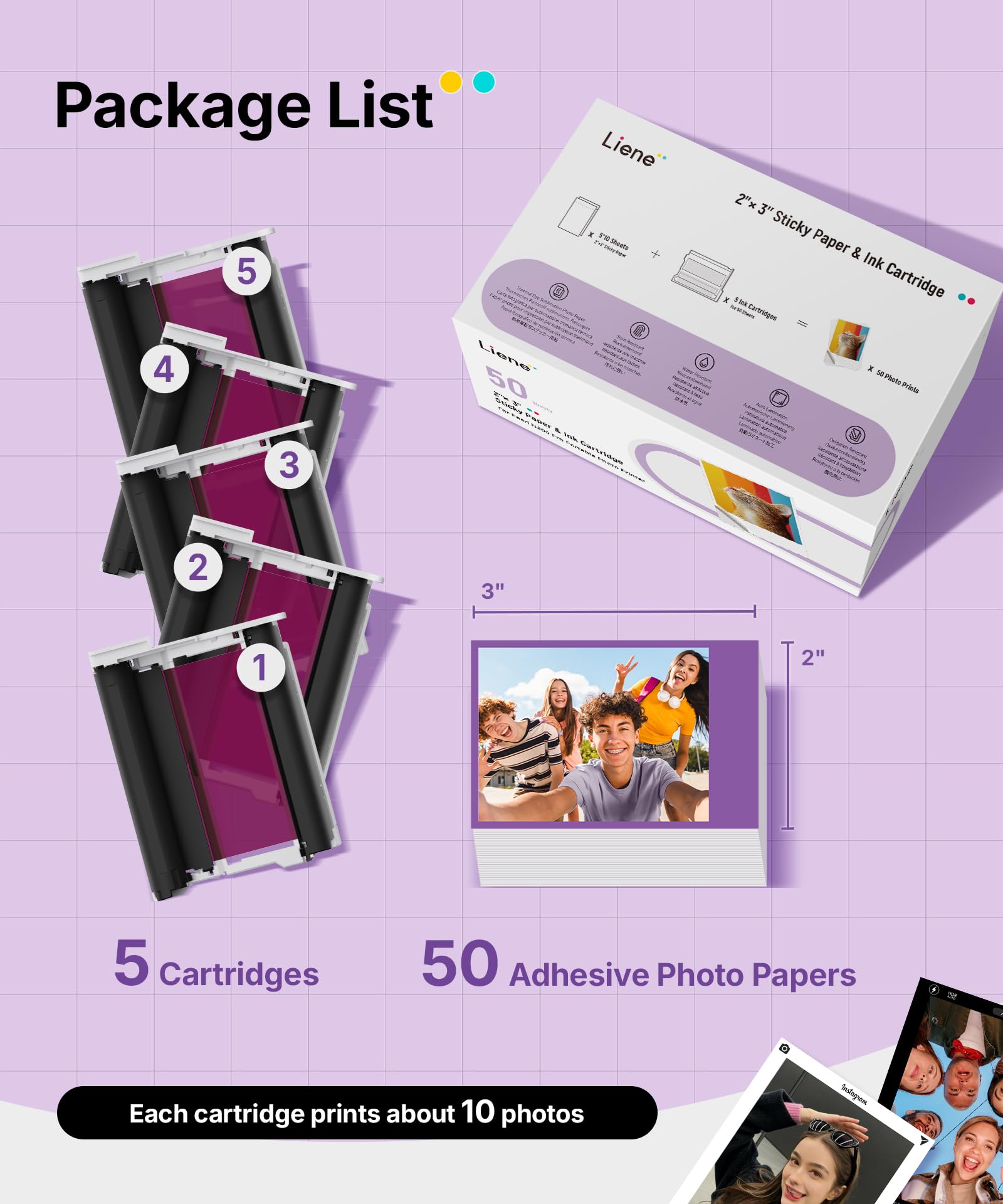 Liene Pearl N200 Pro Papel Fotográfico Adhesivo para Impresora Portátil: 50 Hojas (5x7,6 cm) + 5 Cintas. Resistente al Agua, Adhesivo Instantáneo. Para DMP130. Ideal para Scrapbooking y DIY.