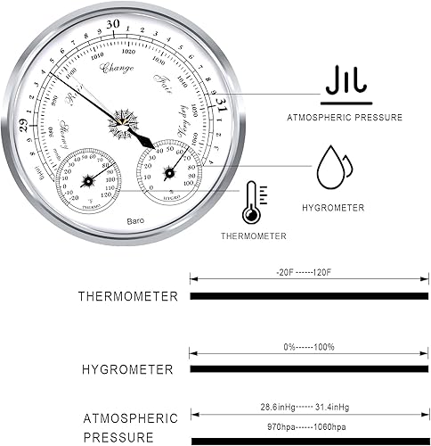 Miniatura 3 de Termómetro barómetro para exteriores, higrómetro, estación meteorológica de 5 pulgadas, pared de casa, barco de pesca, habitación de bebé, oficina
