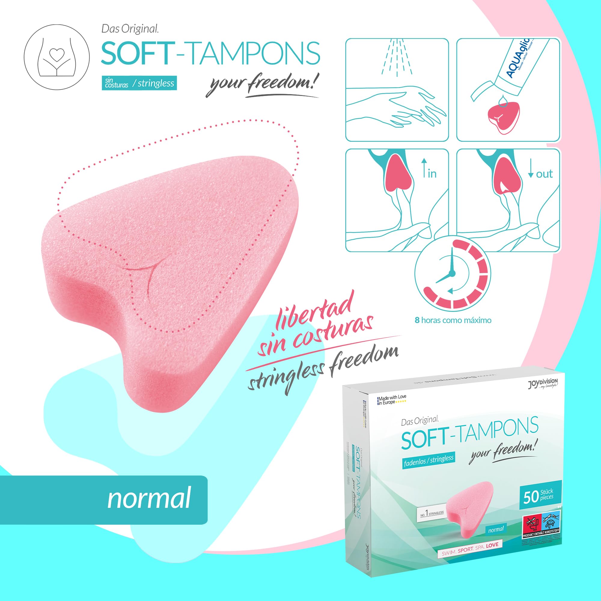 JOYDIVISION Soft-Tampones normal | 50 unidades | tampones sin cordón para deporte, natación y spa | esponjas menstruales ultra suaves | inserción y extracción fáciles | Softtampón sin cordón