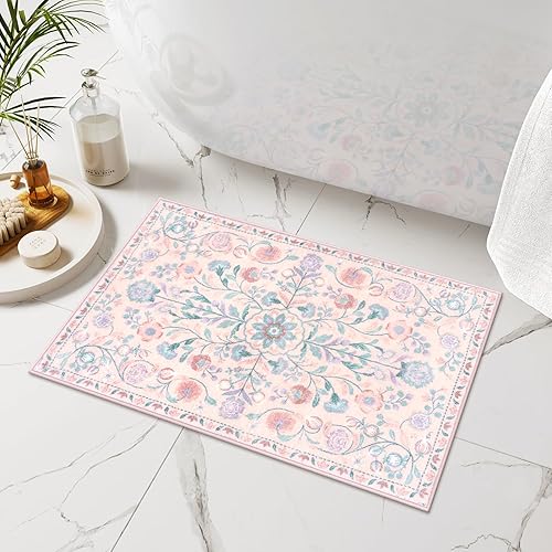 Miniatura 11 de Uphome Alfombra de baño larga con estampado floral beige, suave, antideslizante, lavable a máquina, estilo bohemio, estético, para baño, fregadero,