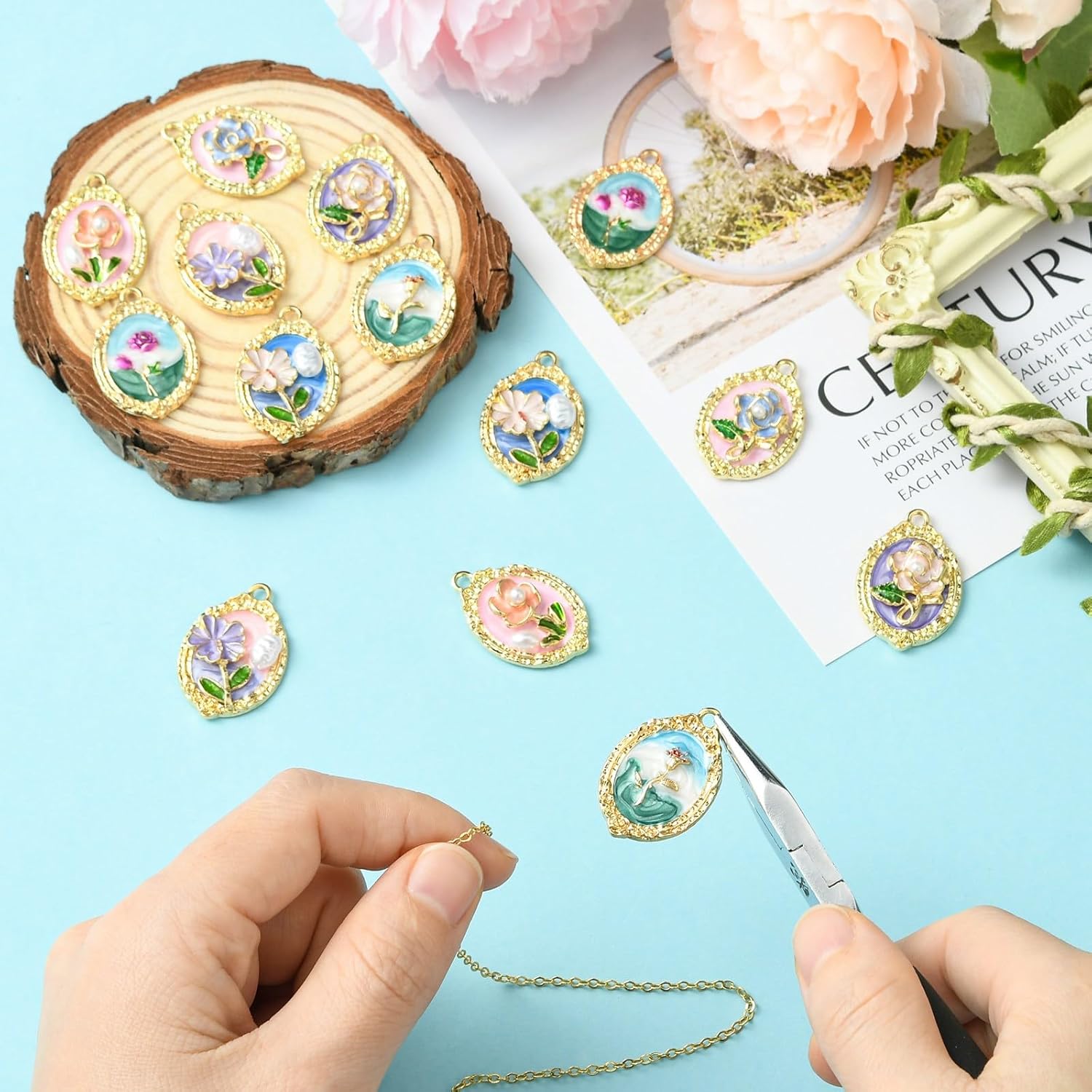 KitBeads 14Pcs 7 Styles Flower Painting Charms Oval Vintage ABS Pearl Flower Charms for Bracelets Making Necklaces Keychains Crafts Bulk - Image 5
