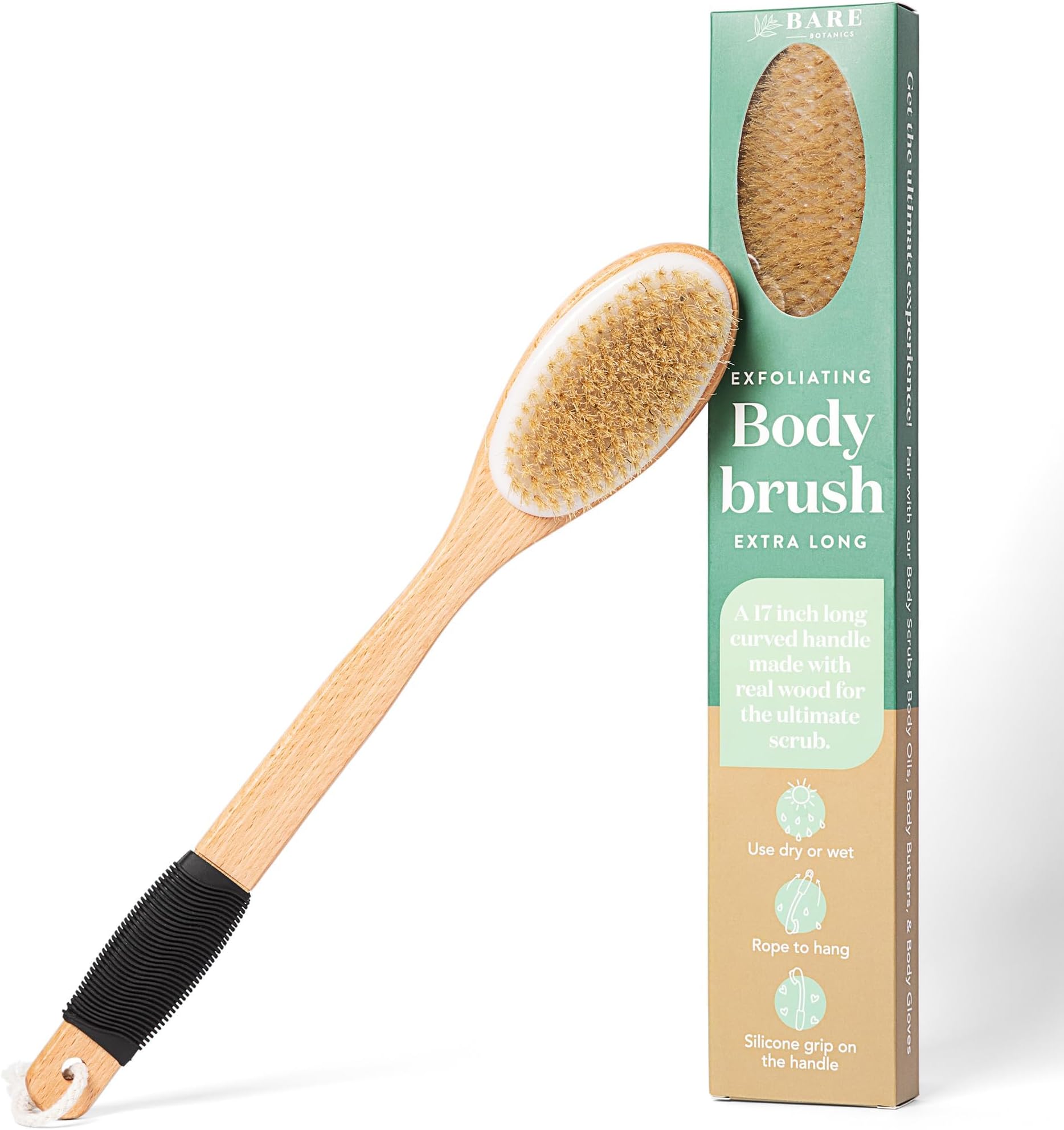 Bare Botanics 17" Dry Brushing Body Brush | Medium Firmness, Natural Color & Silicone Grip | Extra Long Bath Brush w/Hang Rope | Back Scrubber for Shower