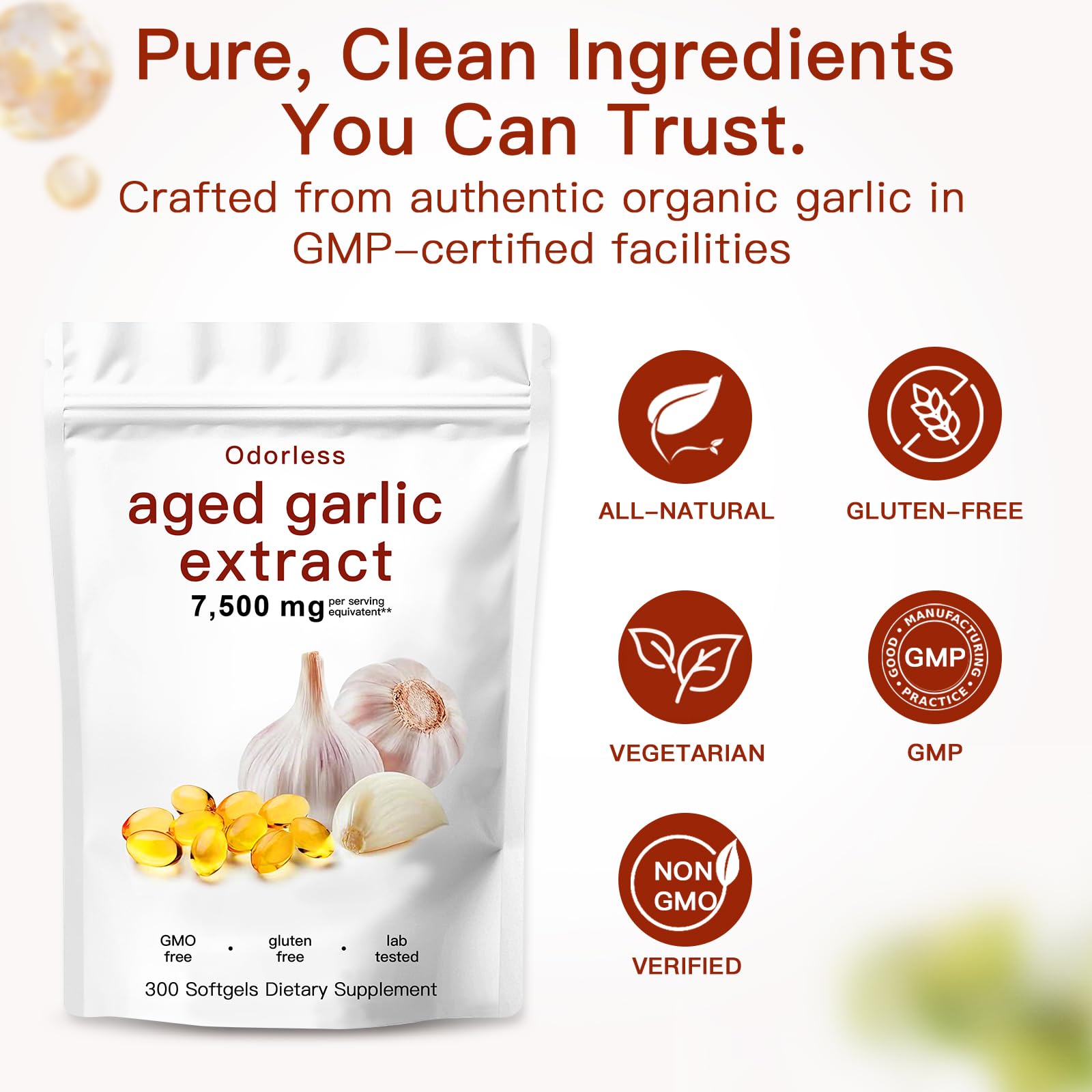 Odorless Aged Garlic Extract,7500mg Organic Garlic Capsules Supplement for Antioxidant Wellness & Immune Support,Vegetarian,Non-GMO,All-Natural-300 Count — Amazon image 2