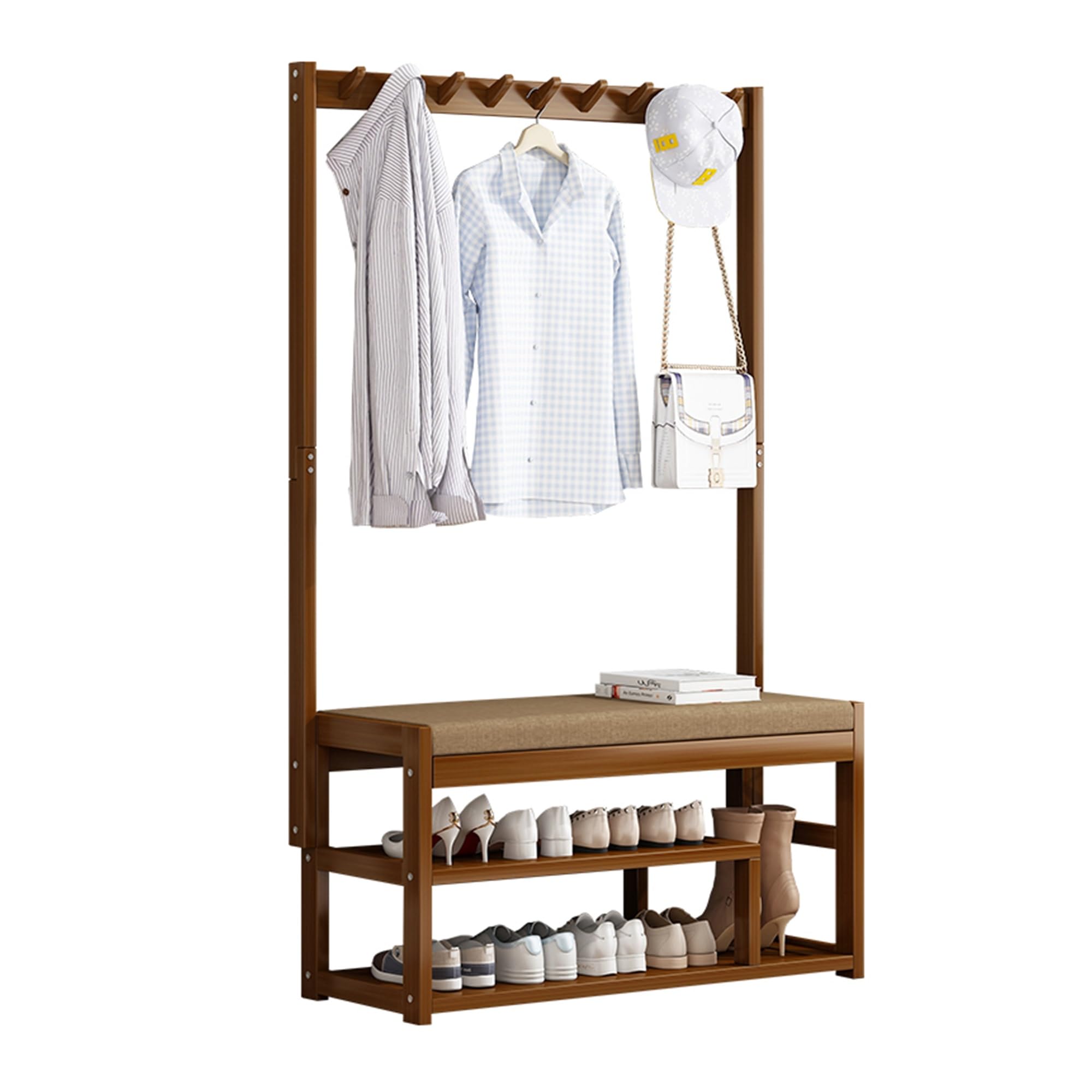 Banc à chaussures avec coussin et porte-manteau design chic