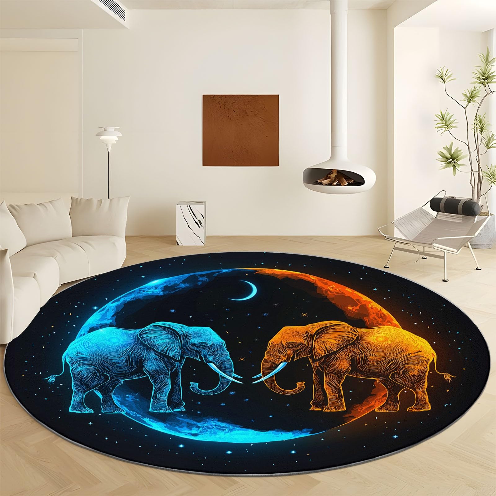 Générique Noir Antidérapant Tapis Rond 150 cm, Animaux Fantastiques Éléphant Lune Lavable en Machine Tapis Rond, Moquette de Salon et Chambre Doux et Confortable, Idéal pour Intérieurs décoration