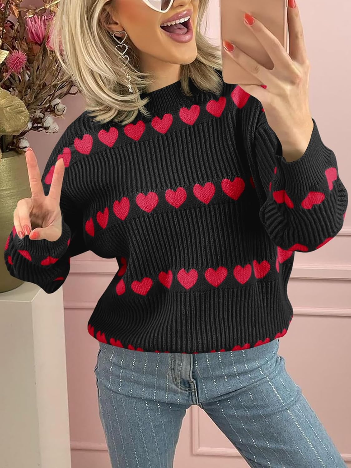 Saodimallsu Womens Heart Sweater Valentine Crew Neck Cute Ribbed Knit Loose Casual Pullover Sweaters Tops - Image 2