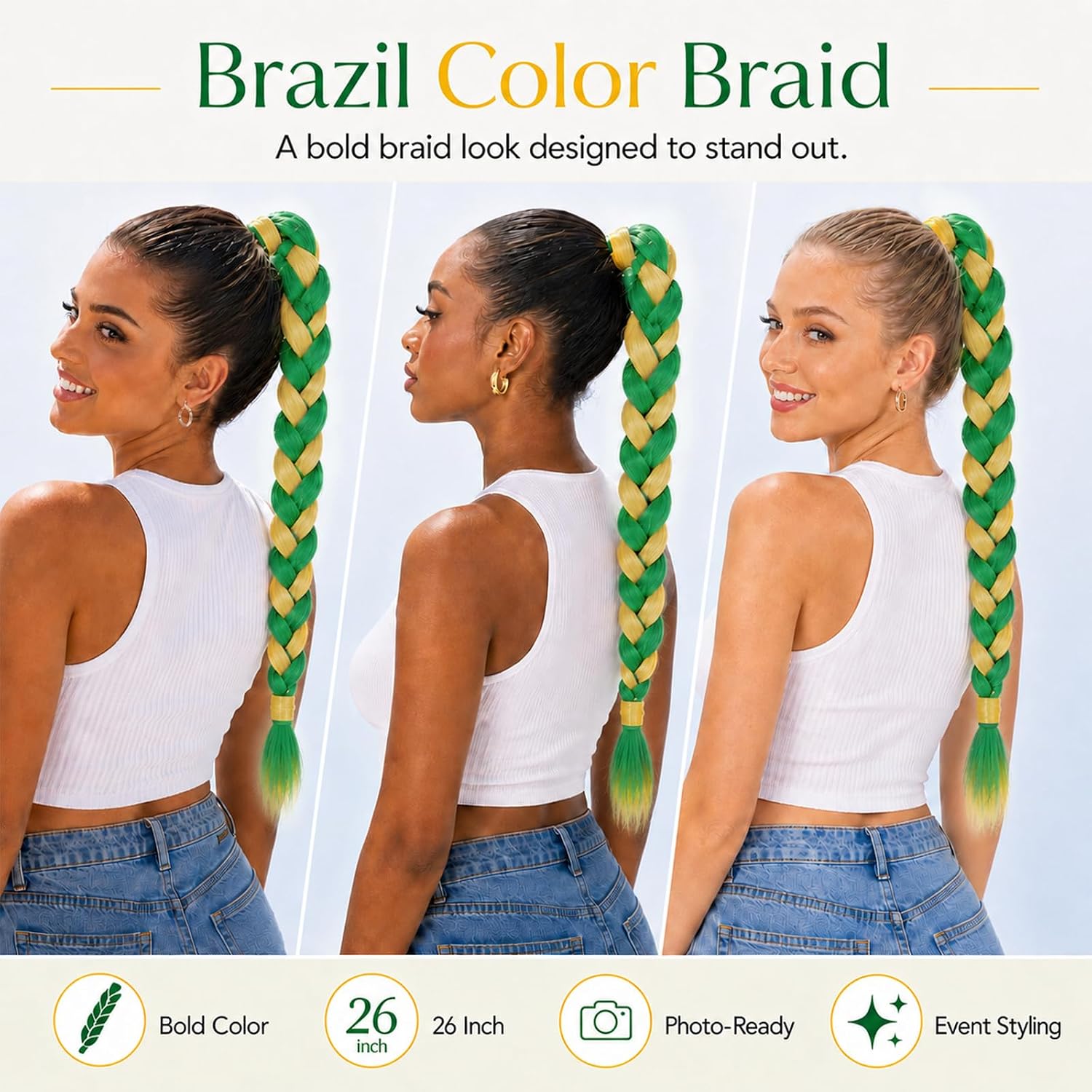 26" Braided Ponytail Extension Wrap Around Green Yellow Hair Pieces image 2