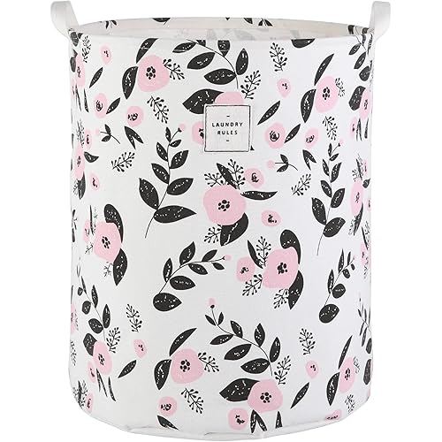 Large Foldable Laundry Basket Hamper Holder Portable Tall Collapsible Laundry Hamper Nusery Storage Basket Bin with Handles, Canvas & Waterproof lining for Household Items (Floral Pink)