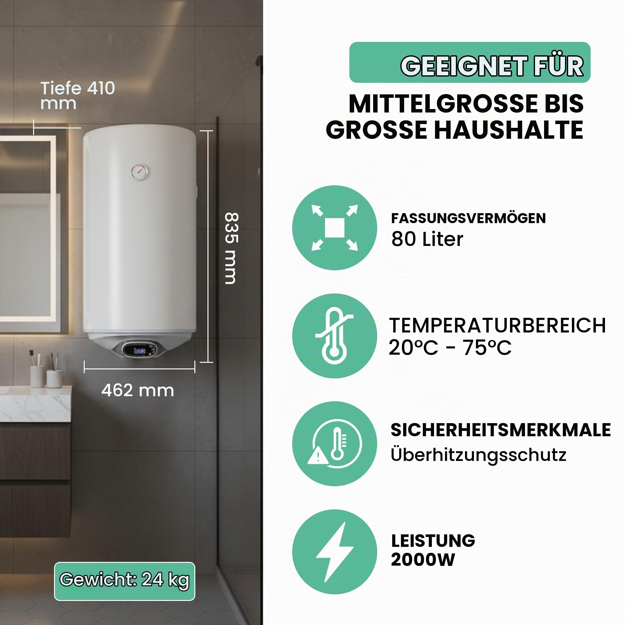 ELDOM FAVOURITE 80 liter Warmwasserspeicher 2 kW. Electronic Control Wi-Fi