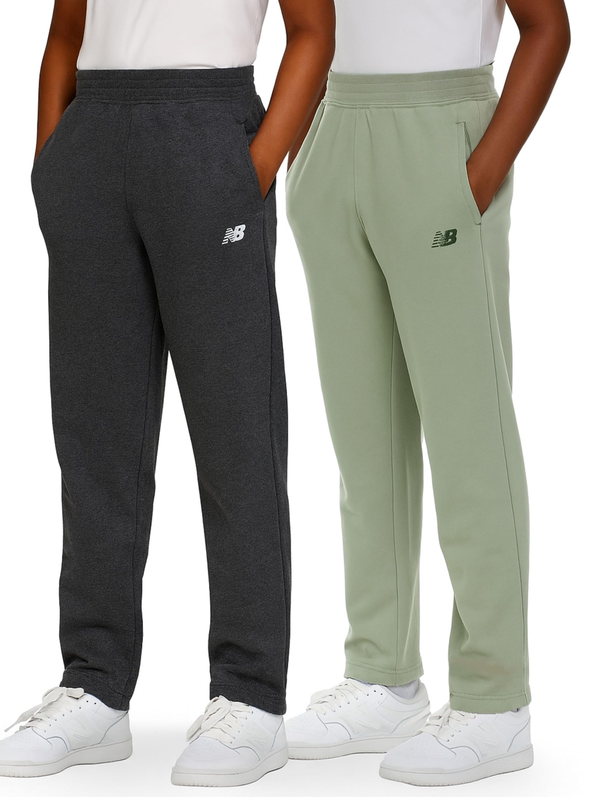 New Balance Boys Open Bottom Active Sweatpants – 2 Pack Soft Cotton Fleece Blend Pull-On Straight Leg Sweats, Sizes 4-20 Charcoal/Green