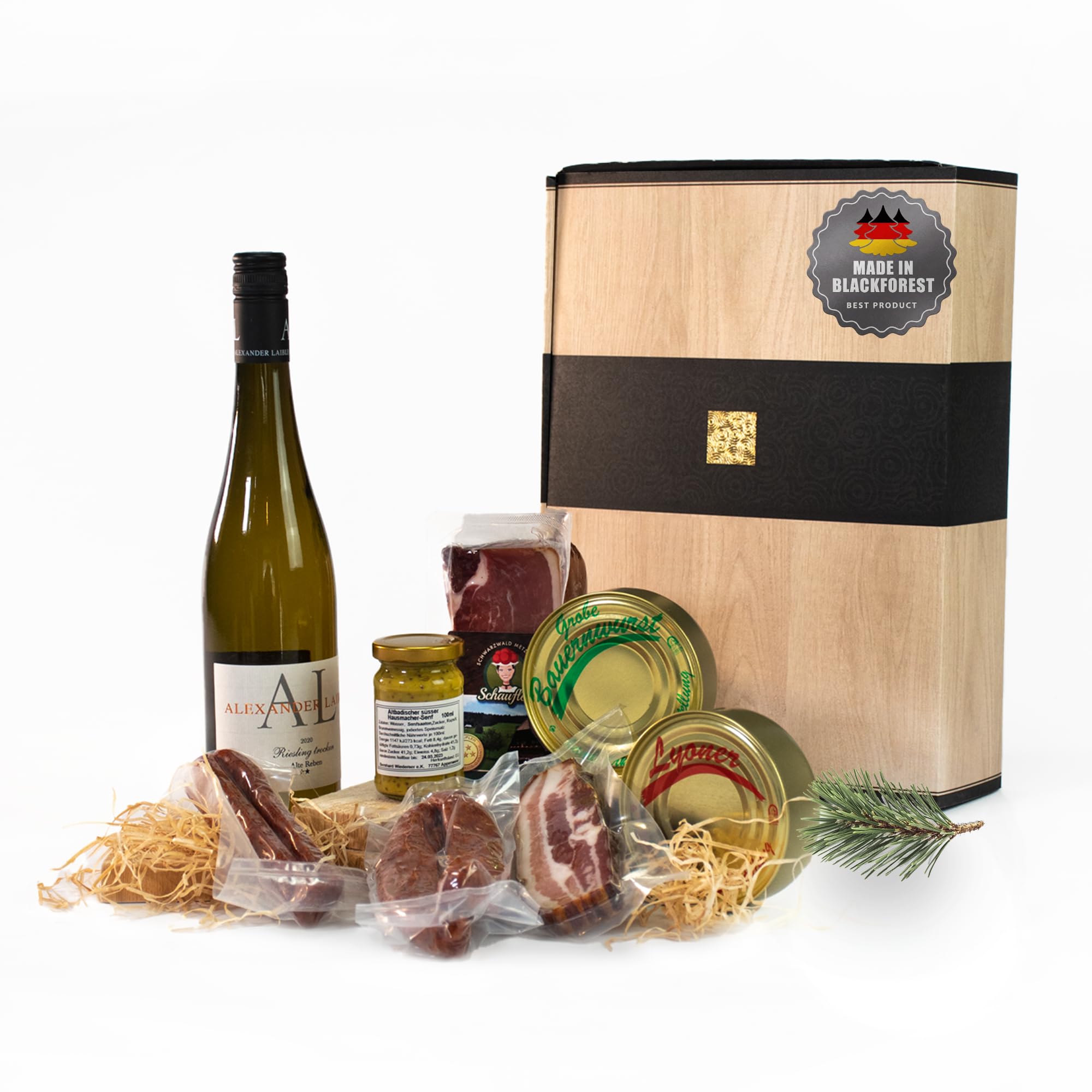 Schwarzwald Metzgerei - Geschenkset "Vesper" mit verschiedenen Wurtsspezialitäten, einem Gourmet-Senf und hervorragenden Weißwein - 8-teilig