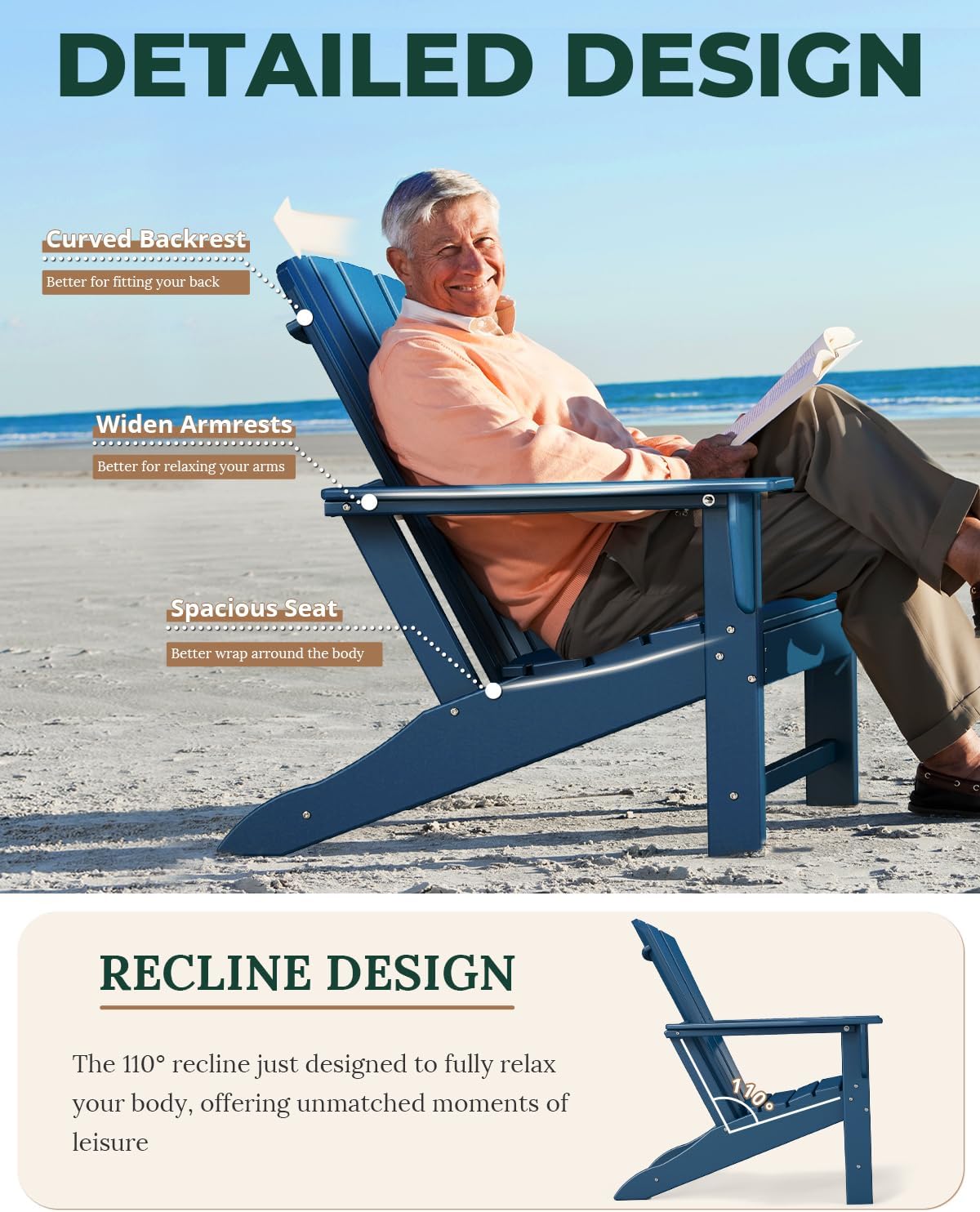 BRIOPAWS Adirondack-Chairs-Set of 2 | Fire Pit Chair | Oversized | HDPE Plastic | Weather Resistant | for Deck Outdoor Poolside Campfire | Blue