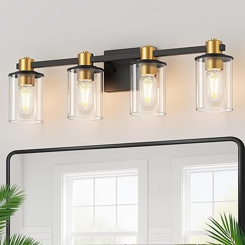 Miniatura 14 de DORESshop Lámpara de tocador de baño de 4 luces sobre el espejo, lámparas de baño negro mate con pantallas de vidrio transparente, luces modernas