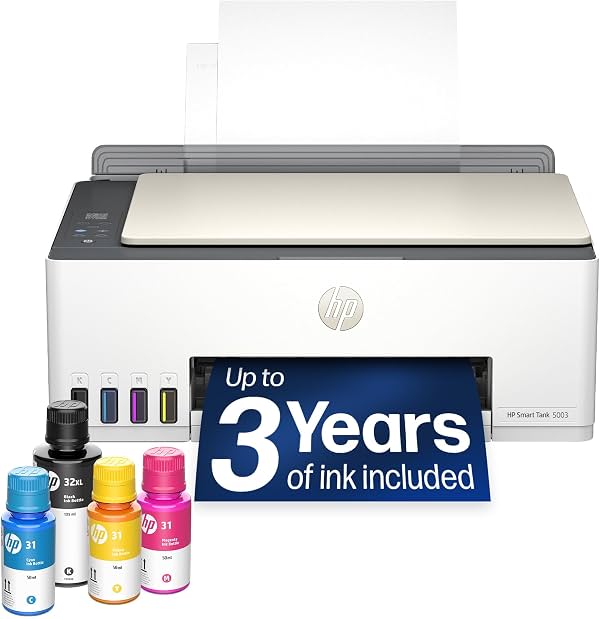 HP Smart Tank 5003 Impresora Inalámbrica Multifuncional de Tanque de Tinta, Escáner, Copiadora con hasta 3 Años de Tinta Incluida, Ideal para Hogar, Recargable sin Cartuchos, con Capacidad de IA (9B2D3A)