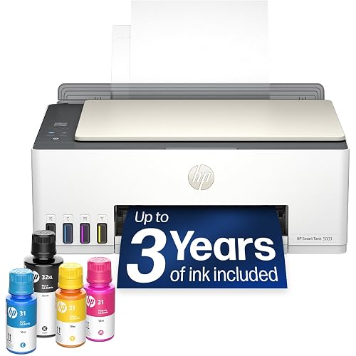 HP Smart Tank 5003 Wireless All-in-One Ink Tank Printer, Scanner, Copier with up to 3 Years of Ink Included, Best-for-Home, Cartridge-Free Refillable, AI-Capable (9B2D3A)
