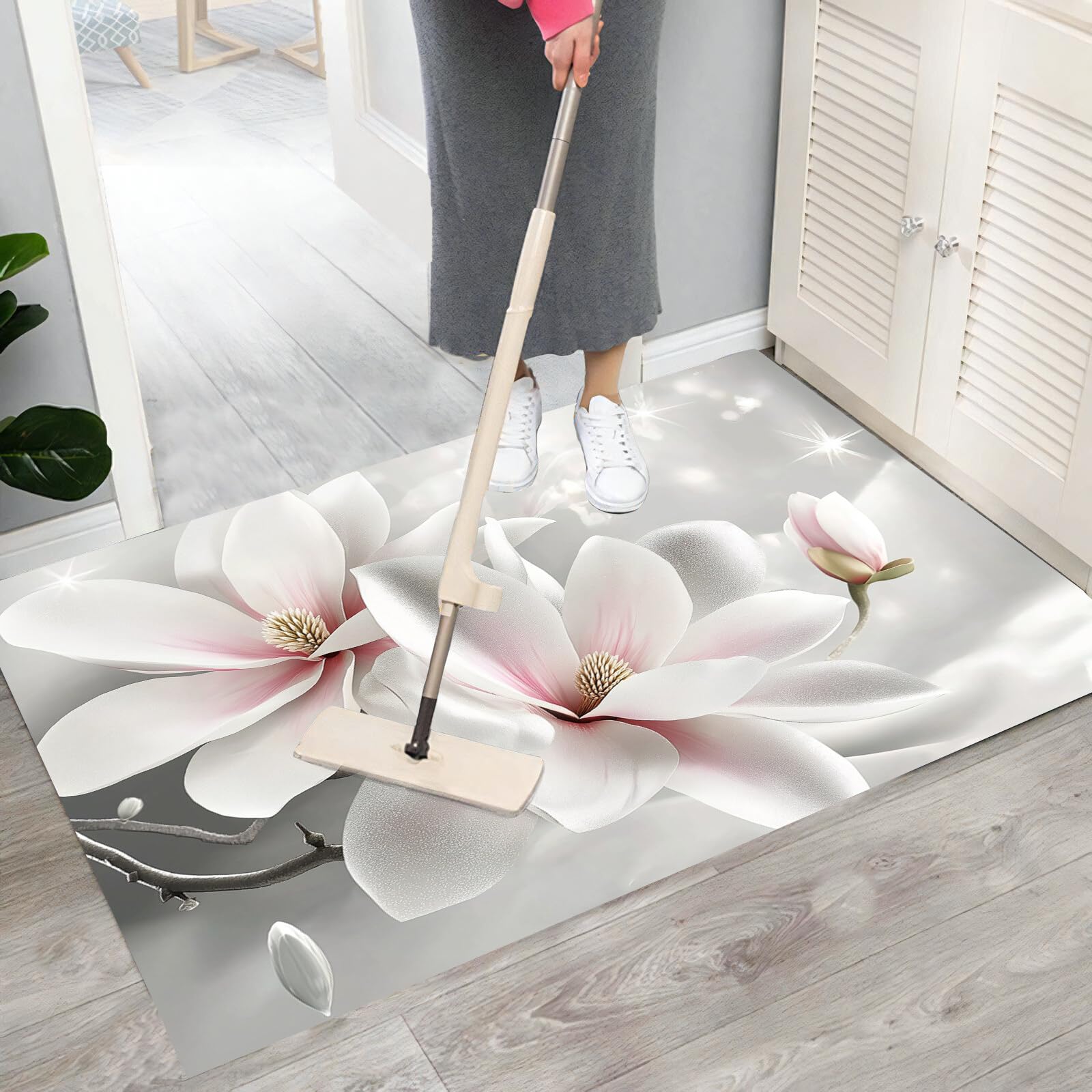 Tappetino Entrata Rosa Magnolia Scintillante Zerbino Piante Eleganti Zerbini Di Benvenuto Per Cucina Interno Terrazzo Posteriori Esterno Porte Anteriori La Casa,90X150Cm