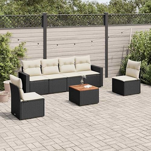 Miniatura 1 de 7-Piece Modular Garden Sofa Set in Black and Cream White, Modern Outdoor Furniture with Weather-Resistant PE Rattan and Powder-Coated Steel Frame,