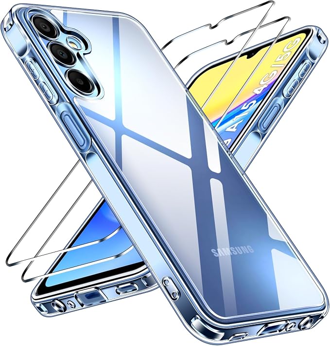 ivoler Anti-Amarillo Clara Funda para Samsung Galaxy A15 4G / A15 5G con 2 Piezas Cristal Templado, [Protección Militar] Carcasa Protectora Antigolpes Transparente Anti-Choques Bumper Case