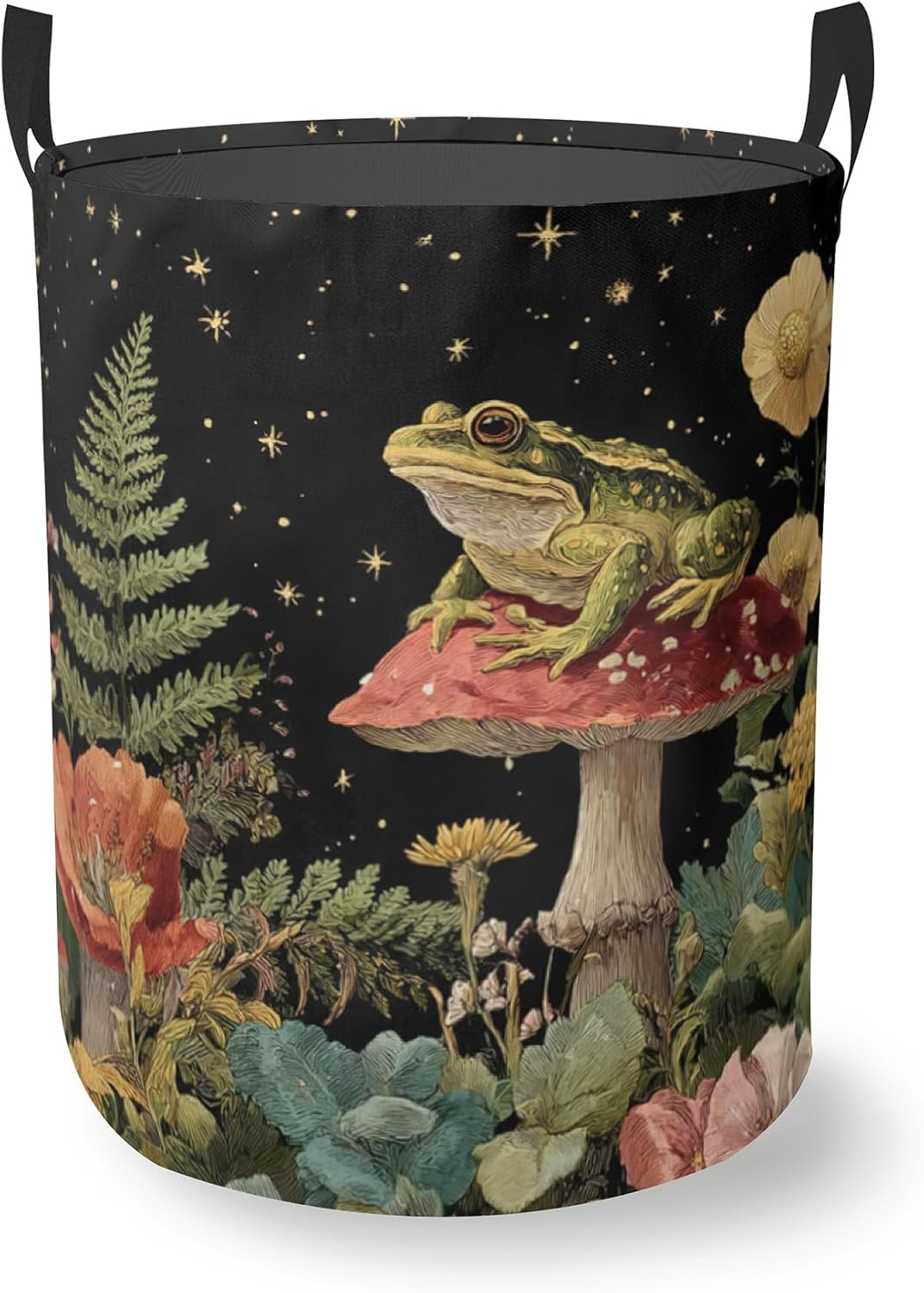 Starry Sky Frog Mushroom Round Laundry Basket Collapsible Laundry Hamper with Handles Toys Clothes Organizer Bin For Home Bathroom Bedroom Dorm Nursery