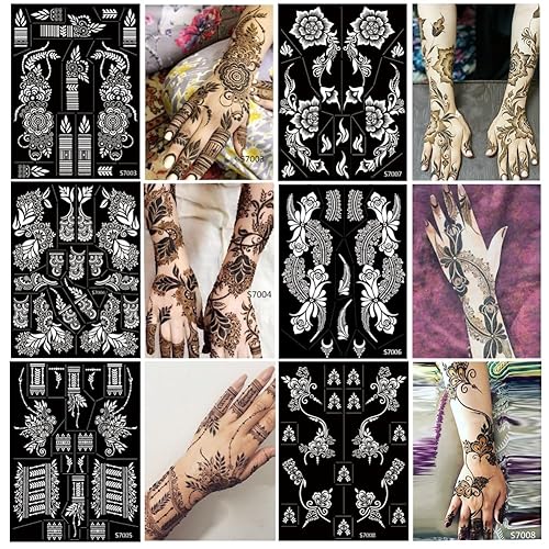 Miniatura 2 de PPVWEY 10 hojas de plantillas de tatuaje de henna, 10 pares de plantillas de tatuaje de henna de mano de brazo, plantillas de tatuaje de aerógrafo
