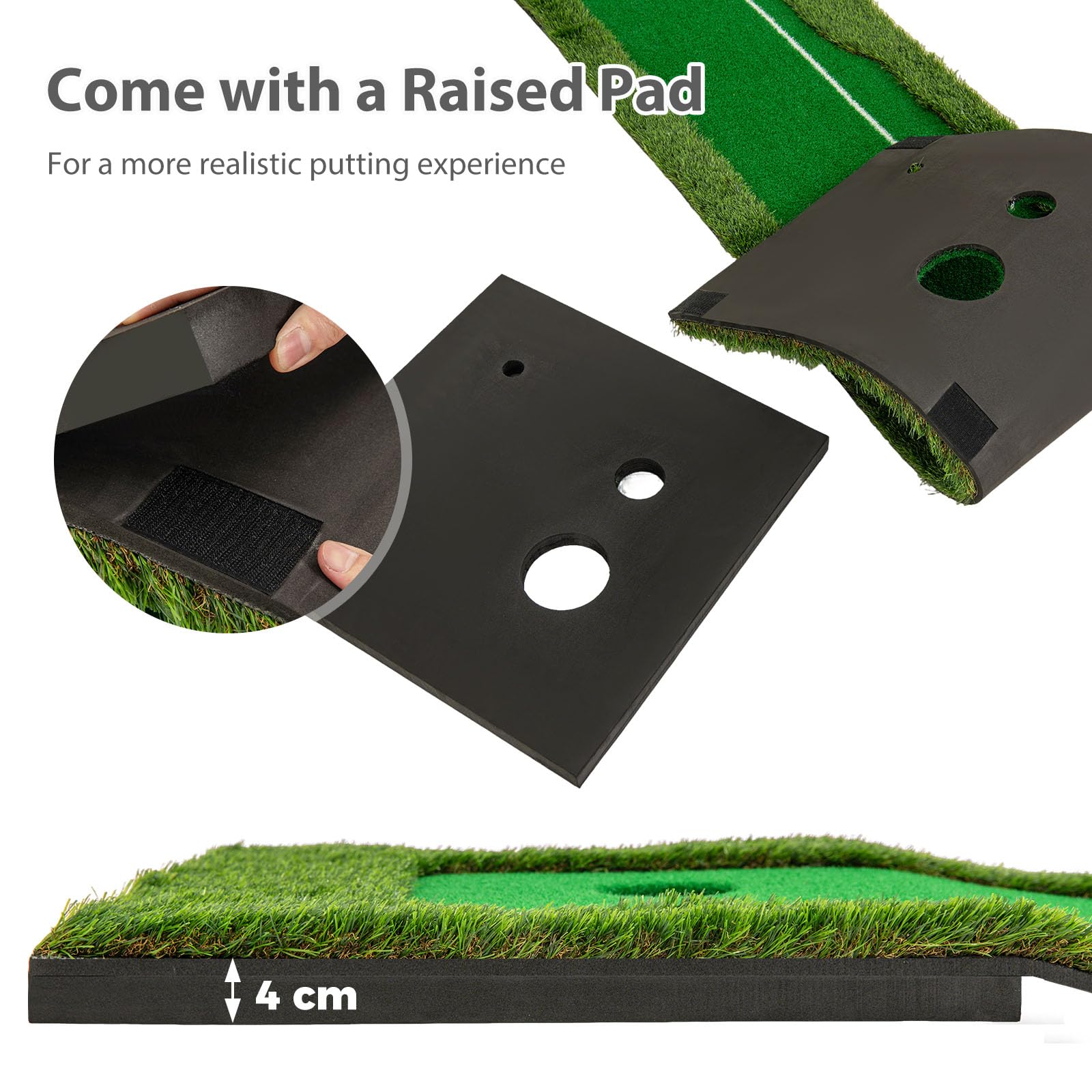 LIFEZEAL Alfombrilla de golf de 300 cm, equipo de entrenamiento de golf con 3 pelotas de golf, mini esterilla de ejercicio con 2 tamaños de agujeros para interior, exterior, alfombrilla de putting