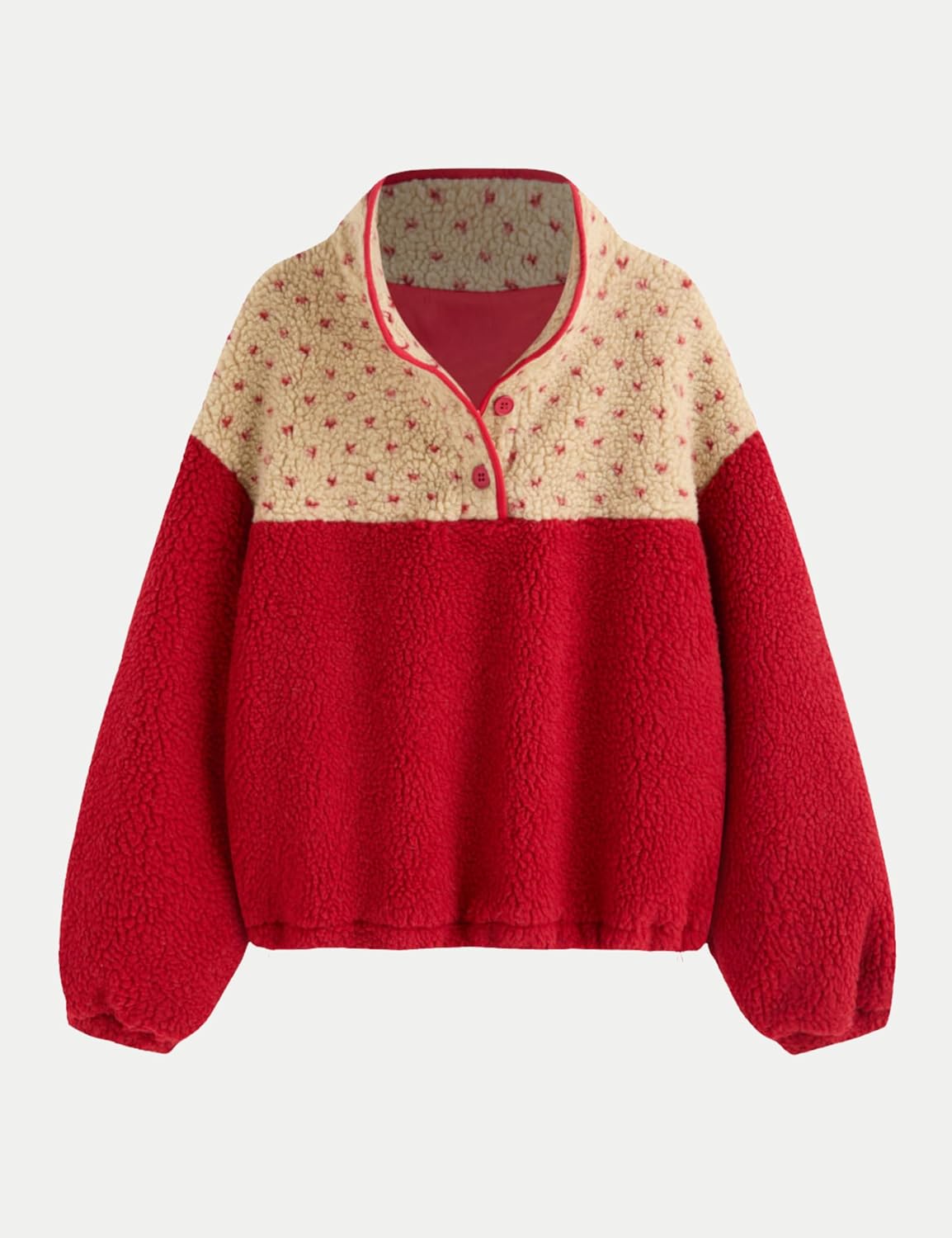 Esmeling Women Contrast Fleece Pullover Jacket Long Sleeve Lapel Collar Sweatshirt Warm Outerwear with Pockets - Image 5