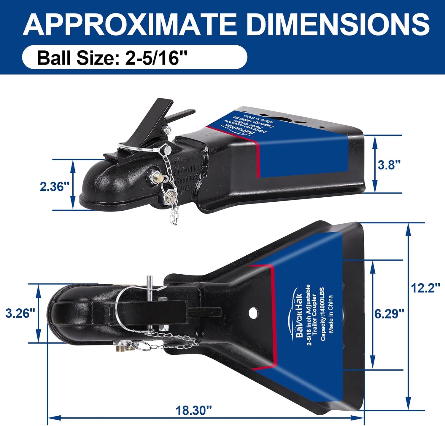15,000 lbs Heavy Duty A-Frame Trailer Coupler, Fits 2-5/16" Hitch Ball, Class IV Towing Capacity for RV, Car Hauler & Construction Trailers, Black Powder Coated Finish, Bolt-On Installation