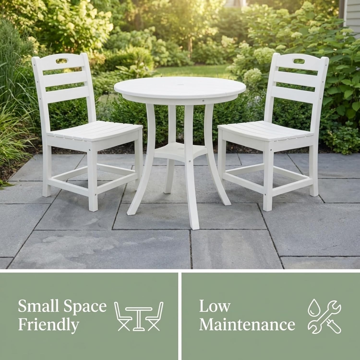 3-Piece HDPE Outdoor Patio Bistro Set, Round Table with 2 Chairs for Balcony, Porch & Garden, White
